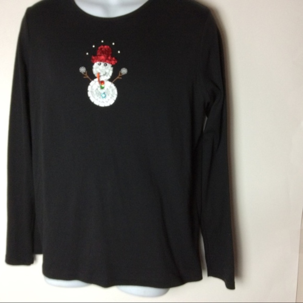 Kim Rogers Christmas Snowman Embellished Black T-shirt Women's Large